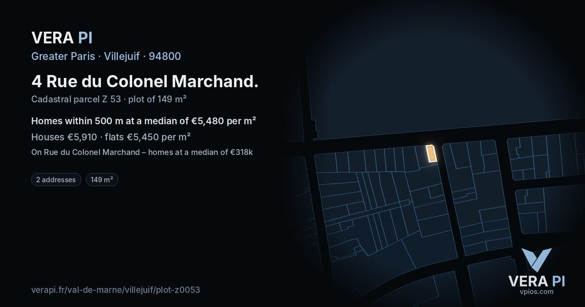 4 Rue du Colonel Marchand, Villejuif at night – the plot lit, the parcels around coloured by the prices near them