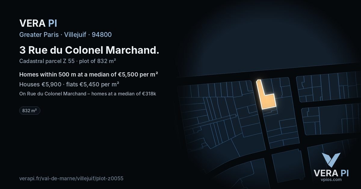 3 Rue du Colonel Marchand, Villejuif at night – the plot lit, the parcels around coloured by the prices near them
