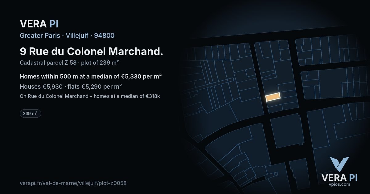9 Rue du Colonel Marchand, Villejuif at night – the plot lit, the parcels around coloured by the prices near them