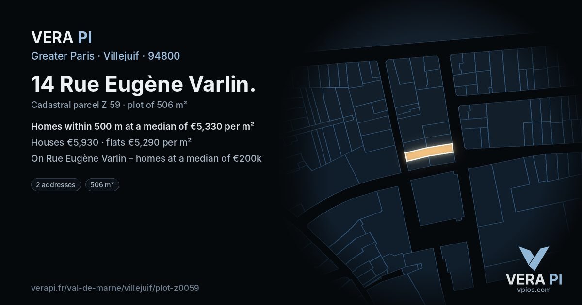 14 Rue Eugène Varlin, Villejuif at night – the plot lit, the parcels around coloured by the prices near them