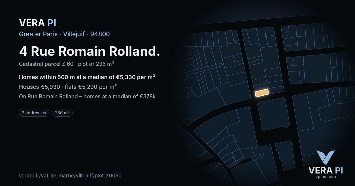 4 Rue Romain Rolland, Villejuif at night – the plot lit, the parcels around coloured by the prices near them