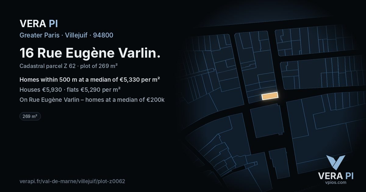 16 Rue Eugène Varlin, Villejuif at night – the plot lit, the parcels around coloured by the prices near them