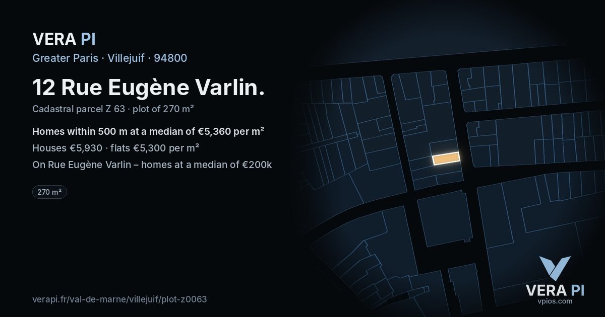 12 Rue Eugène Varlin, Villejuif at night – the plot lit, the parcels around coloured by the prices near them