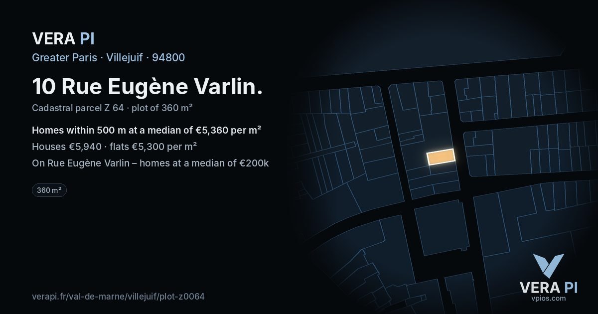 10 Rue Eugène Varlin, Villejuif at night – the plot lit, the parcels around coloured by the prices near them