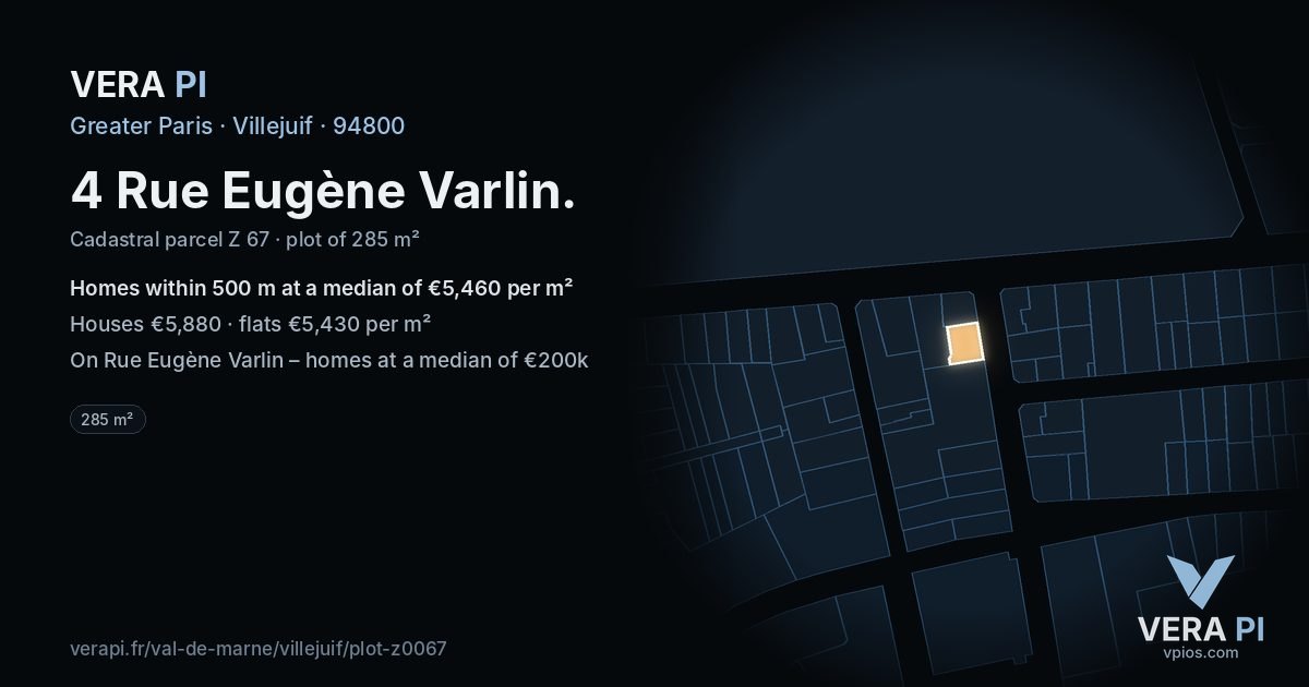 4 Rue Eugène Varlin, Villejuif at night – the plot lit, the parcels around coloured by the prices near them