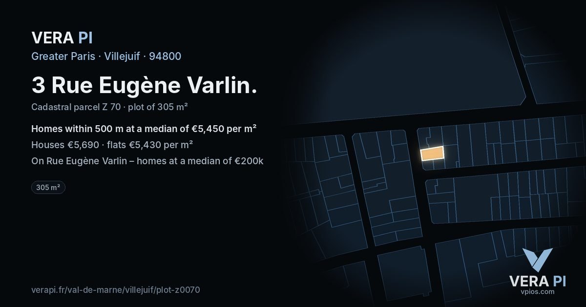 3 Rue Eugène Varlin, Villejuif at night – the plot lit, the parcels around coloured by the prices near them