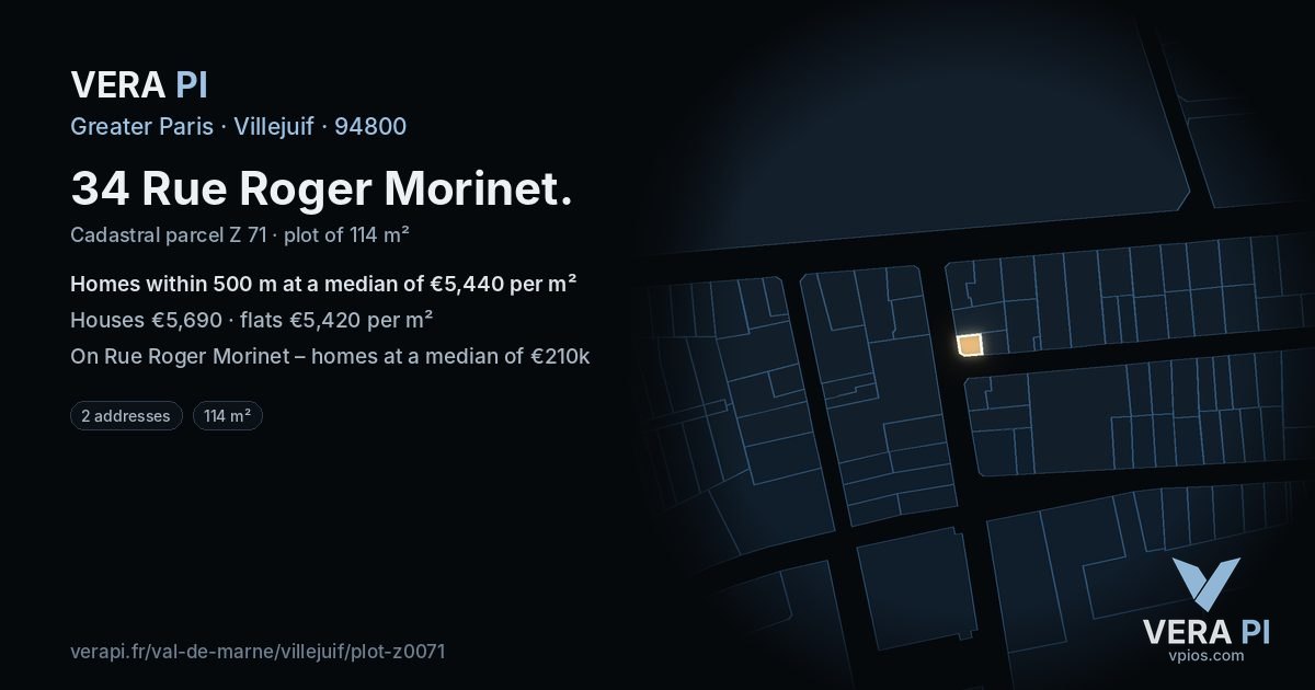 34 Rue Roger Morinet, Villejuif at night – the plot lit, the parcels around coloured by the prices near them