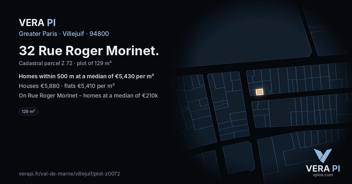 32 Rue Roger Morinet, Villejuif at night – the plot lit, the parcels around coloured by the prices near them