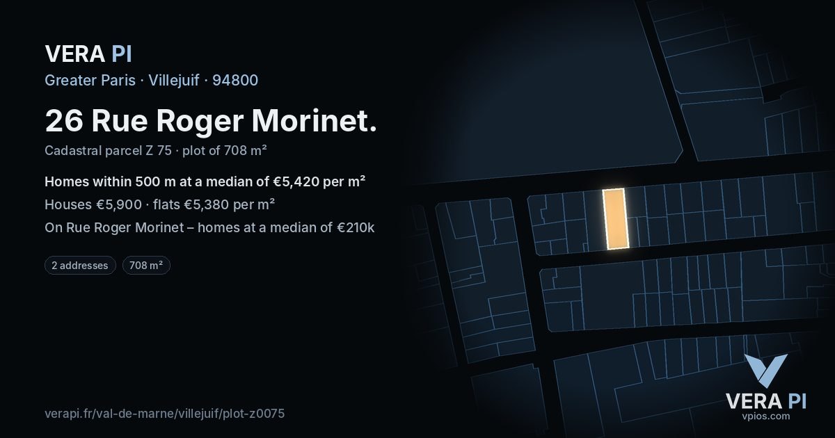 26 Rue Roger Morinet, Villejuif at night – the plot lit, the parcels around coloured by the prices near them