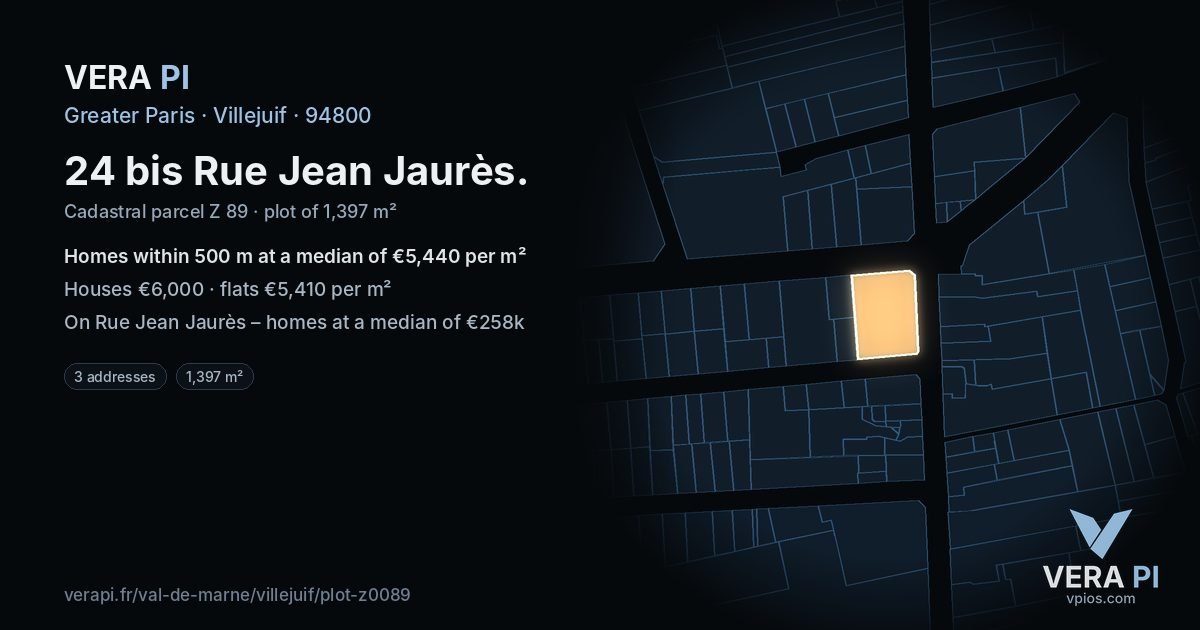 24 bis Rue Jean Jaurès, Villejuif at night – the plot lit, the parcels around coloured by the prices near them