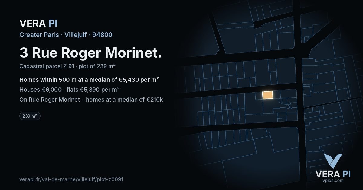 3 Rue Roger Morinet, Villejuif at night – the plot lit, the parcels around coloured by the prices near them