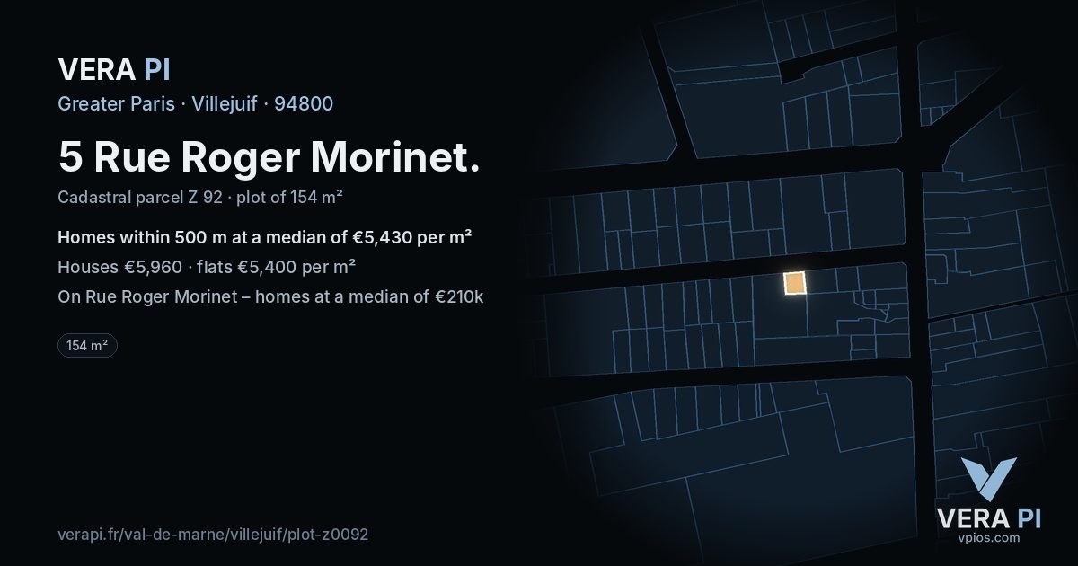 5 Rue Roger Morinet, Villejuif at night – the plot lit, the parcels around coloured by the prices near them