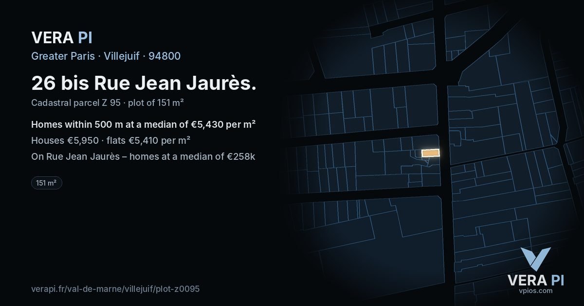 26 bis Rue Jean Jaurès, Villejuif at night – the plot lit, the parcels around coloured by the prices near them