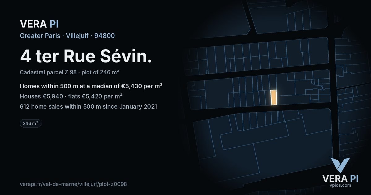 4 ter Rue Sévin, Villejuif at night – the plot lit, the parcels around coloured by the prices near them