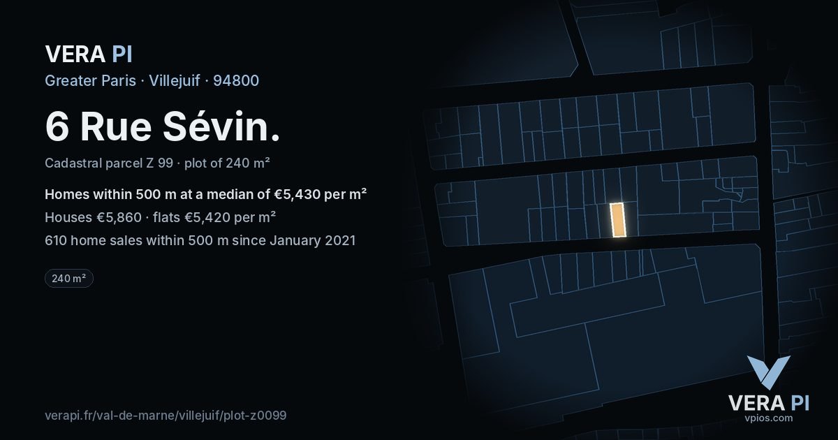 6 Rue Sévin, Villejuif at night – the plot lit, the parcels around coloured by the prices near them