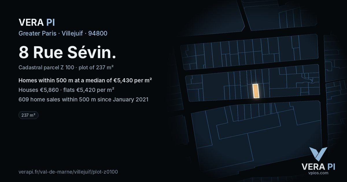 8 Rue Sévin, Villejuif at night – the plot lit, the parcels around coloured by the prices near them