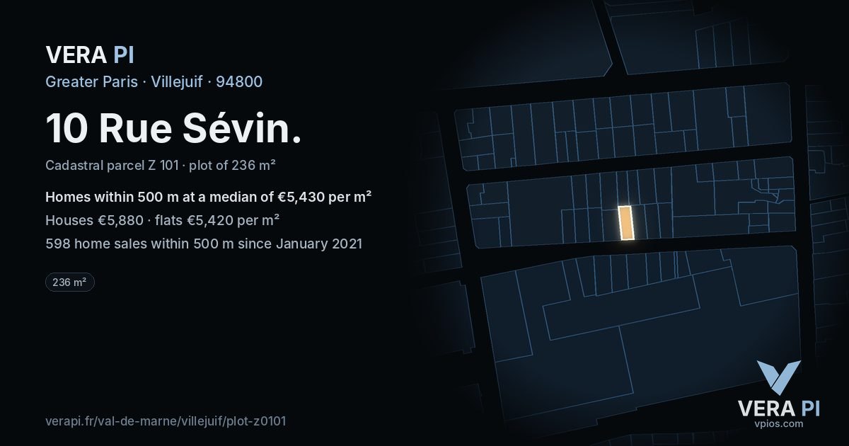 10 Rue Sévin, Villejuif at night – the plot lit, the parcels around coloured by the prices near them