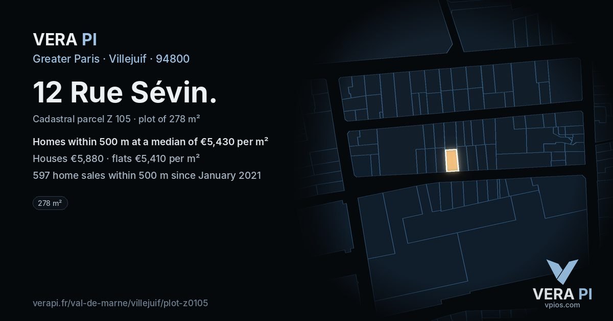 12 Rue Sévin, Villejuif at night – the plot lit, the parcels around coloured by the prices near them