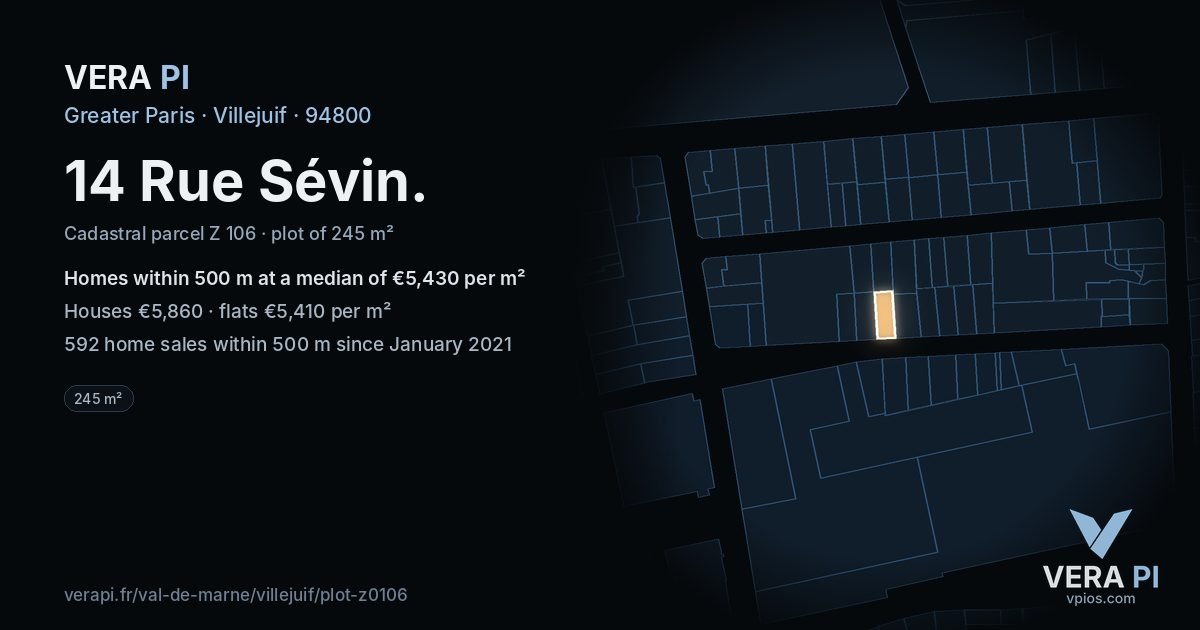 14 Rue Sévin, Villejuif at night – the plot lit, the parcels around coloured by the prices near them