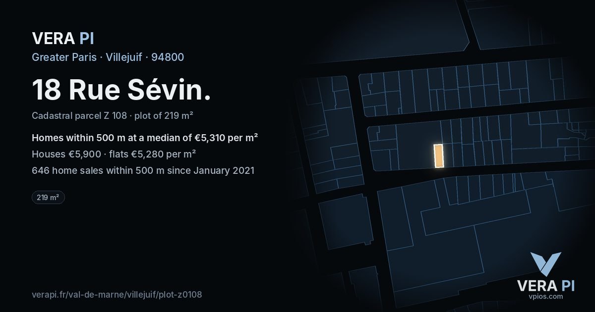 18 Rue Sévin, Villejuif at night – the plot lit, the parcels around coloured by the prices near them