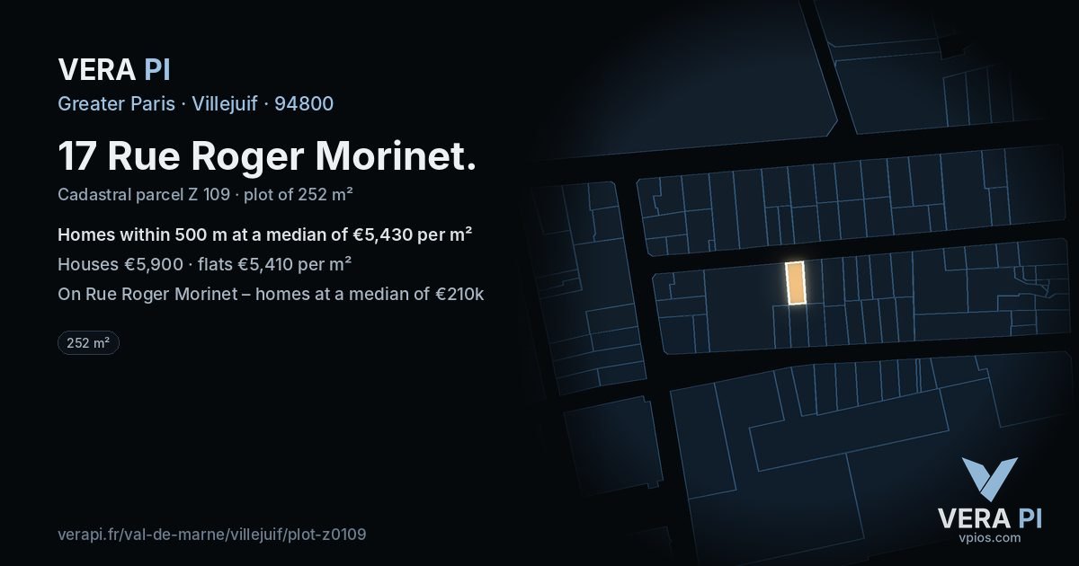 17 Rue Roger Morinet, Villejuif at night – the plot lit, the parcels around coloured by the prices near them
