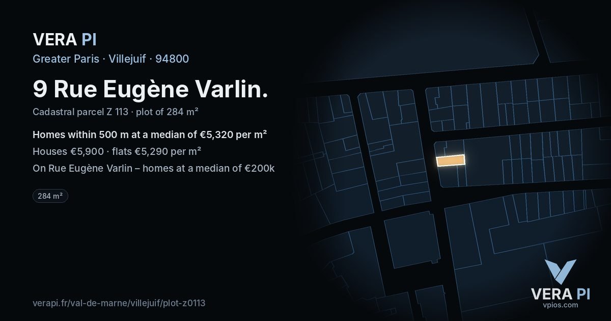 9 Rue Eugène Varlin, Villejuif at night – the plot lit, the parcels around coloured by the prices near them