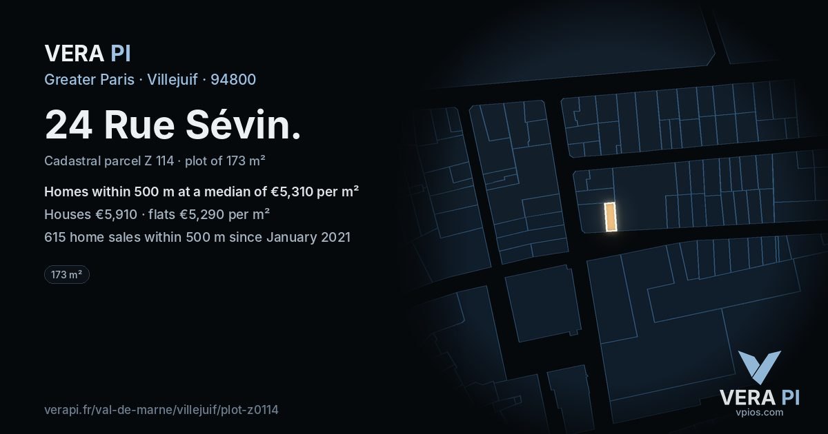 24 Rue Sévin, Villejuif at night – the plot lit, the parcels around coloured by the prices near them
