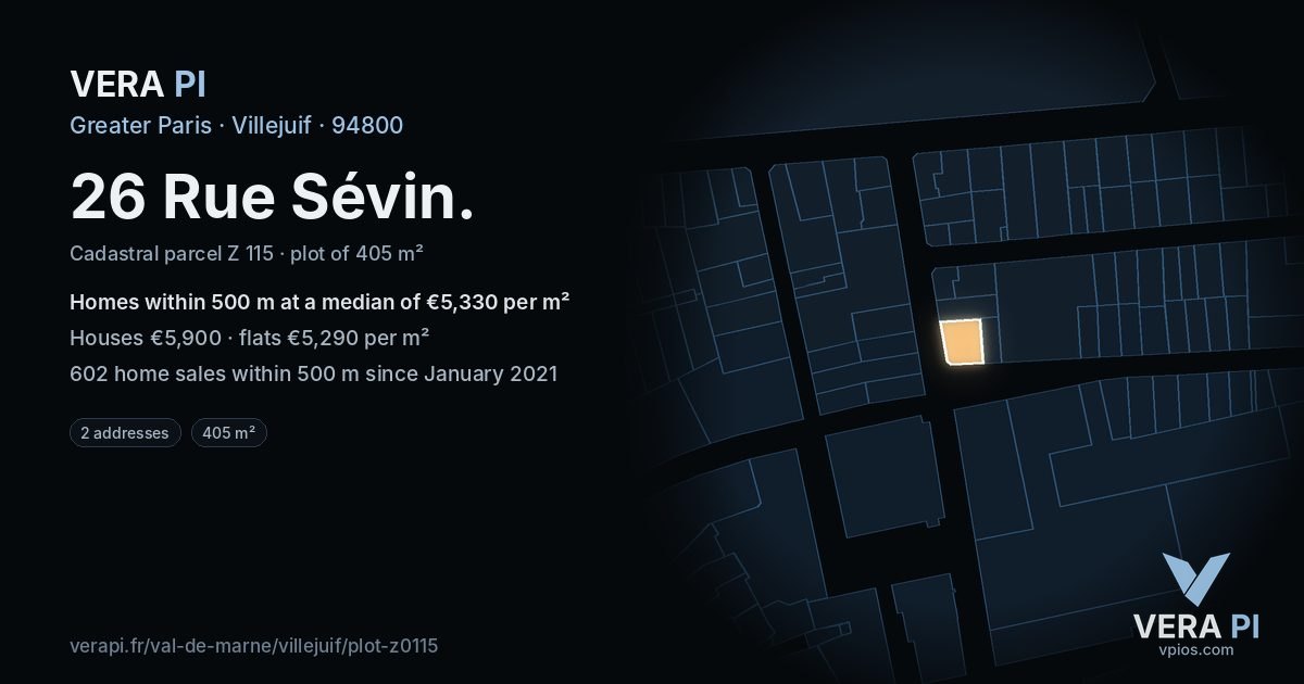 26 Rue Sévin, Villejuif at night – the plot lit, the parcels around coloured by the prices near them
