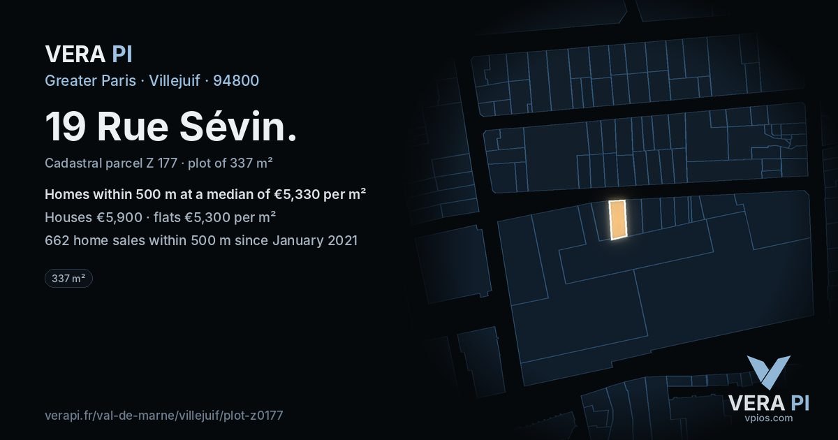 19 Rue Sévin, Villejuif at night – the plot lit, the parcels around coloured by the prices near them
