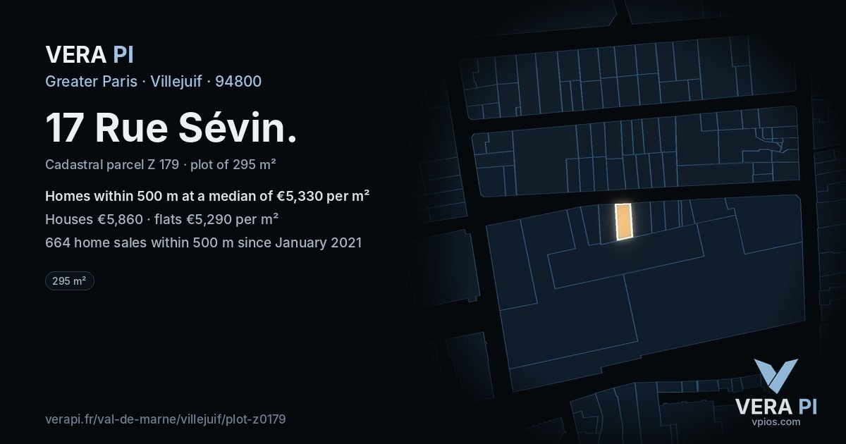 17 Rue Sévin, Villejuif at night – the plot lit, the parcels around coloured by the prices near them