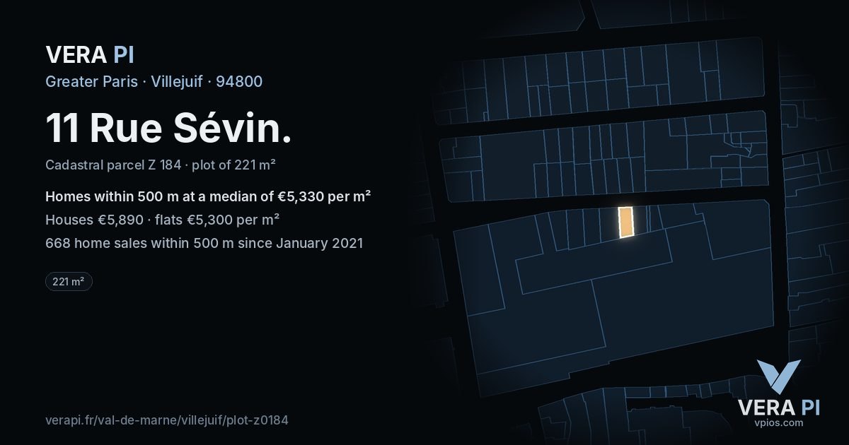 11 Rue Sévin, Villejuif at night – the plot lit, the parcels around coloured by the prices near them