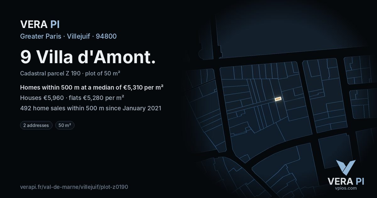 9 Villa d'Amont, Villejuif at night – the plot lit, the parcels around coloured by the prices near them
