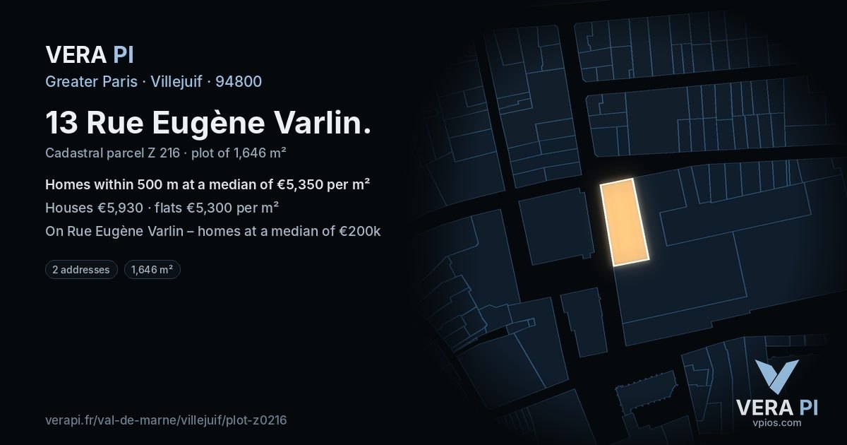13 Rue Eugène Varlin, Villejuif at night – the plot lit, the parcels around coloured by the prices near them