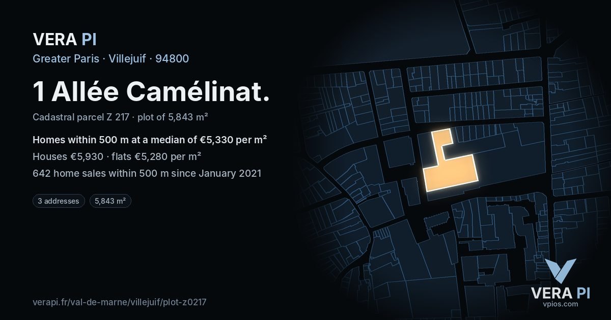 1 Allée Camélinat, Villejuif at night – the plot lit, the parcels around coloured by the prices near them
