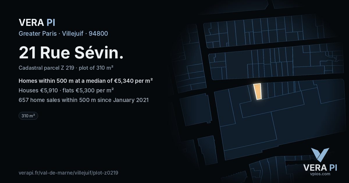 21 Rue Sévin, Villejuif at night – the plot lit, the parcels around coloured by the prices near them