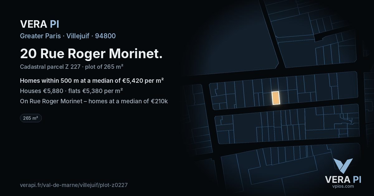 20 Rue Roger Morinet, Villejuif at night – the plot lit, the parcels around coloured by the prices near them