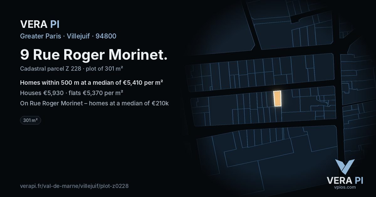 9 Rue Roger Morinet, Villejuif at night – the plot lit, the parcels around coloured by the prices near them