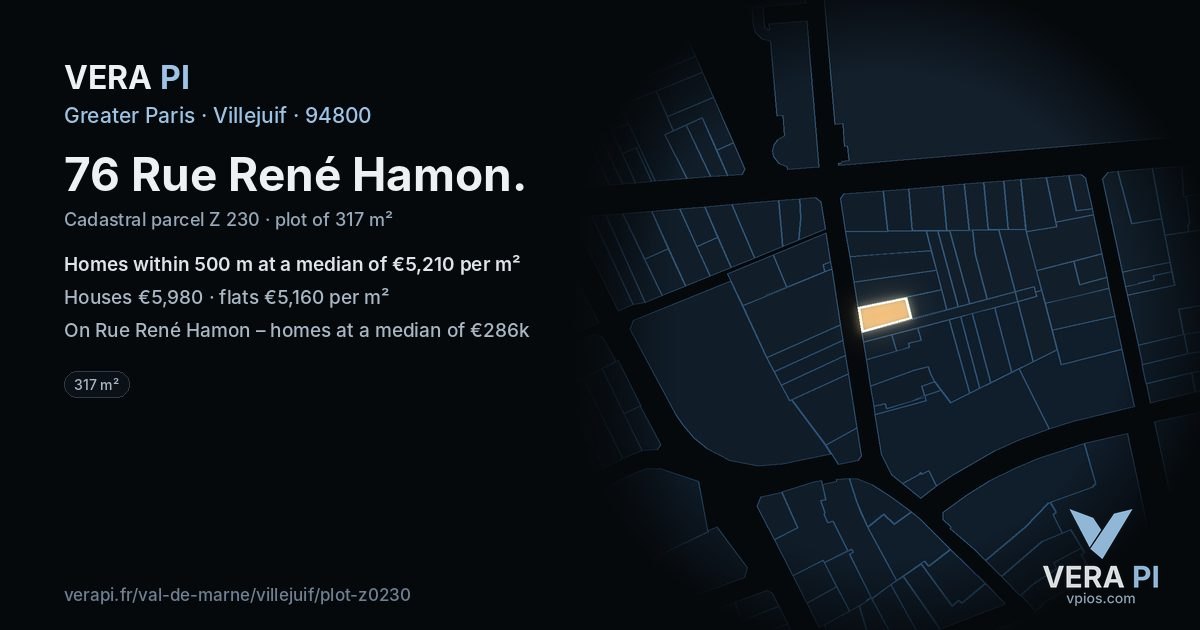 76 Rue René Hamon, Villejuif at night – the plot lit, the parcels around coloured by the prices near them