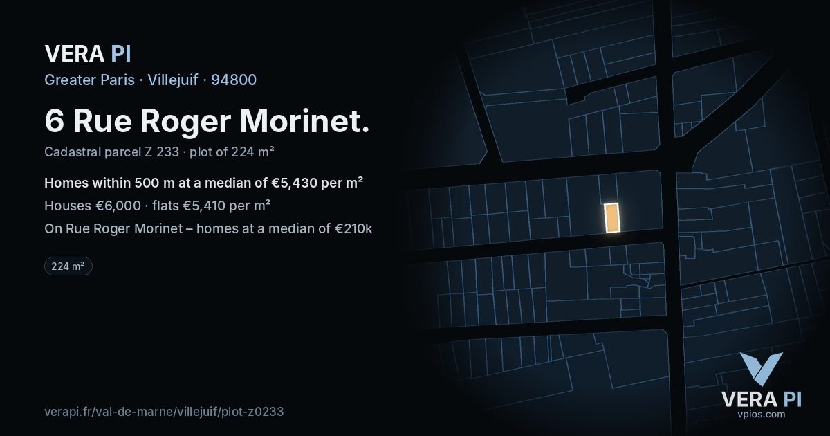 6 Rue Roger Morinet, Villejuif at night – the plot lit, the parcels around coloured by the prices near them