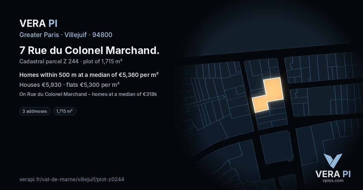 7 Rue du Colonel Marchand, Villejuif at night – the plot lit, the parcels around coloured by the prices near them