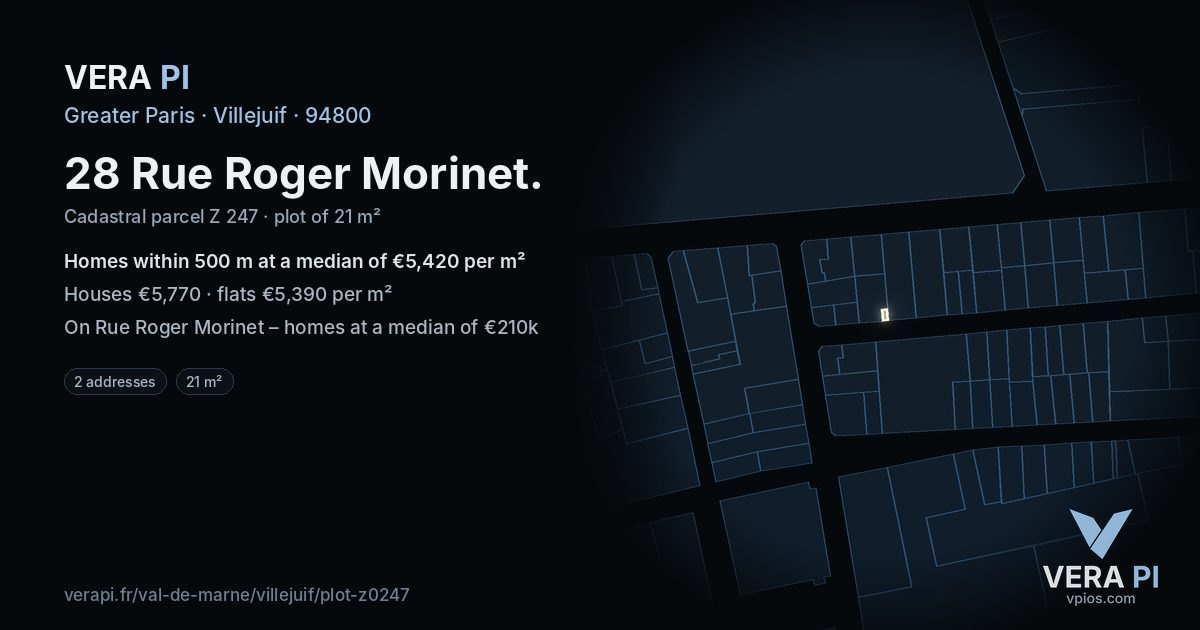 28 Rue Roger Morinet, Villejuif at night – the plot lit, the parcels around coloured by the prices near them
