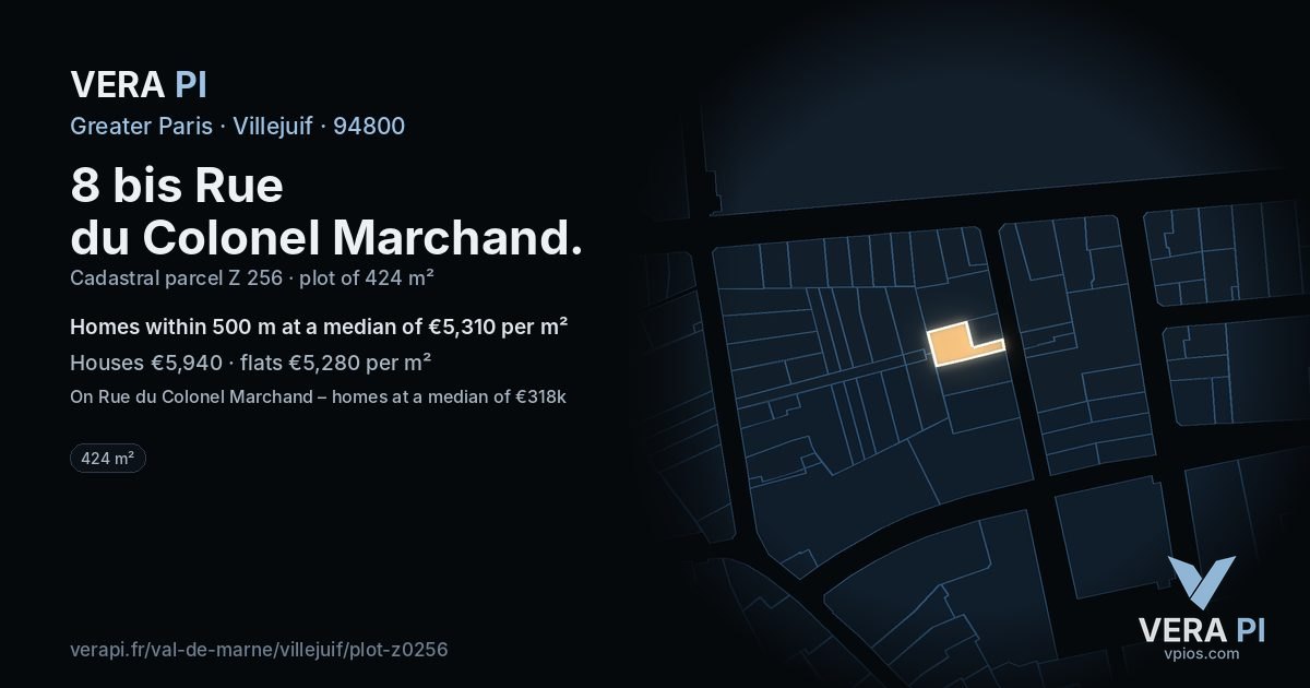 8 bis Rue du Colonel Marchand, Villejuif at night – the plot lit, the parcels around coloured by the prices near them