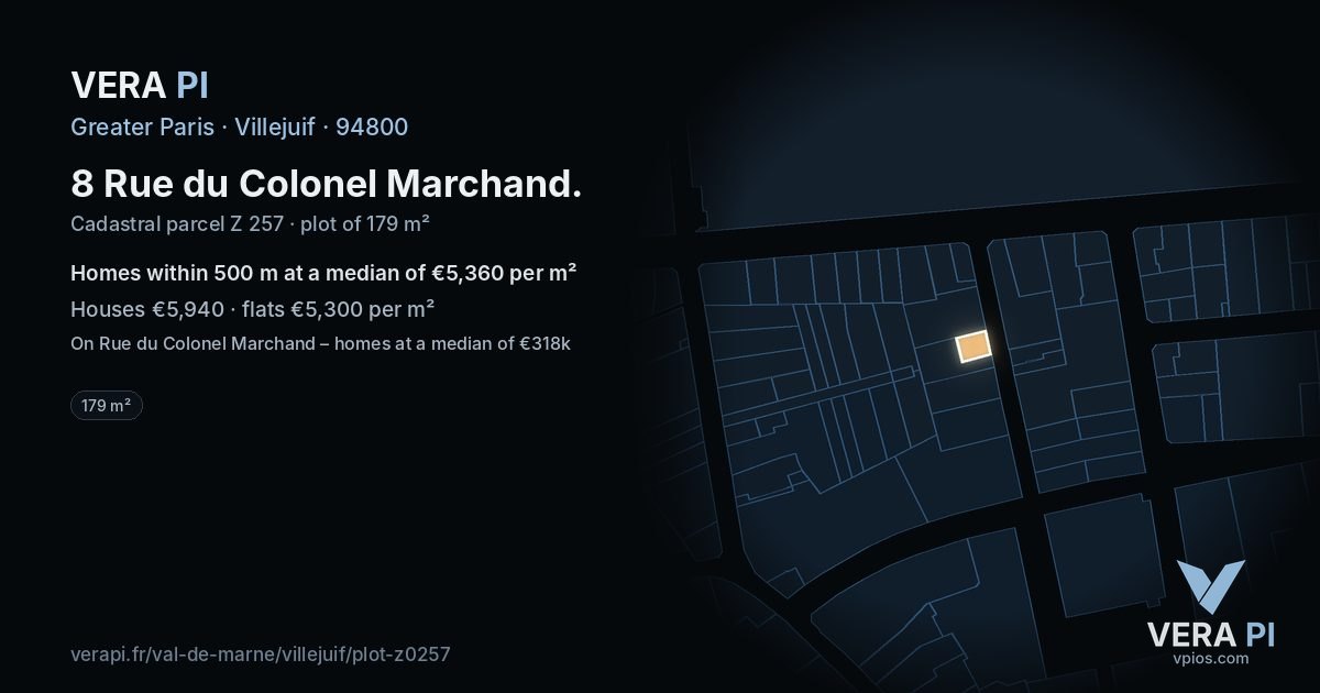 8 Rue du Colonel Marchand, Villejuif at night – the plot lit, the parcels around coloured by the prices near them