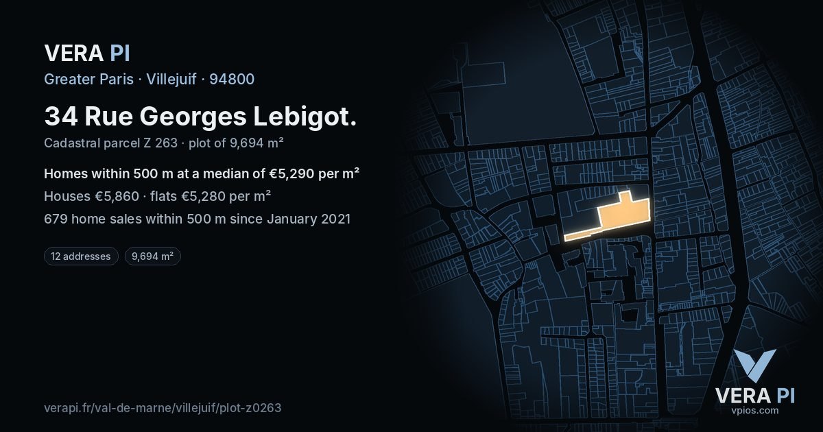 34 Rue Georges Lebigot, Villejuif at night – the plot lit, the parcels around coloured by the prices near them