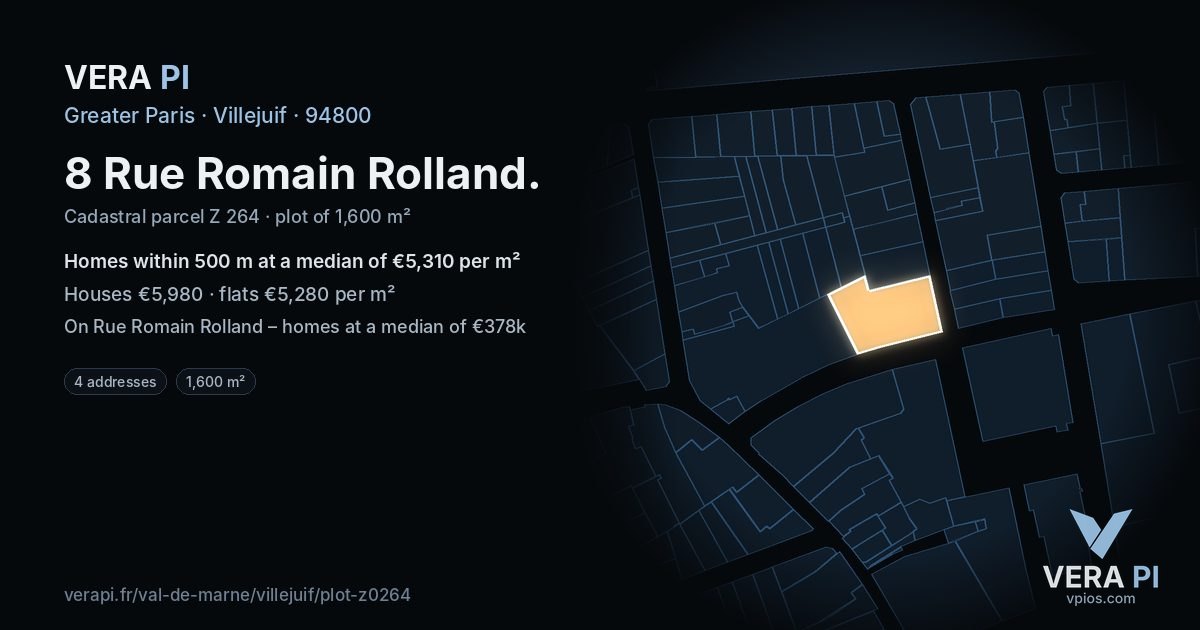8 Rue Romain Rolland, Villejuif at night – the plot lit, the parcels around coloured by the prices near them
