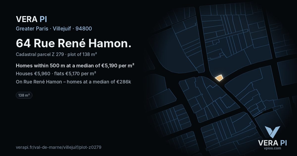 64 Rue René Hamon, Villejuif at night – the plot lit, the parcels around coloured by the prices near them