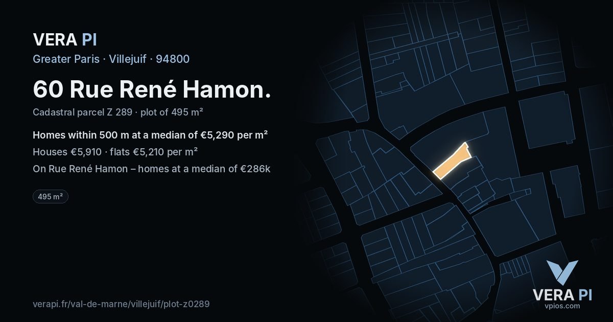 60 Rue René Hamon, Villejuif at night – the plot lit, the parcels around coloured by the prices near them