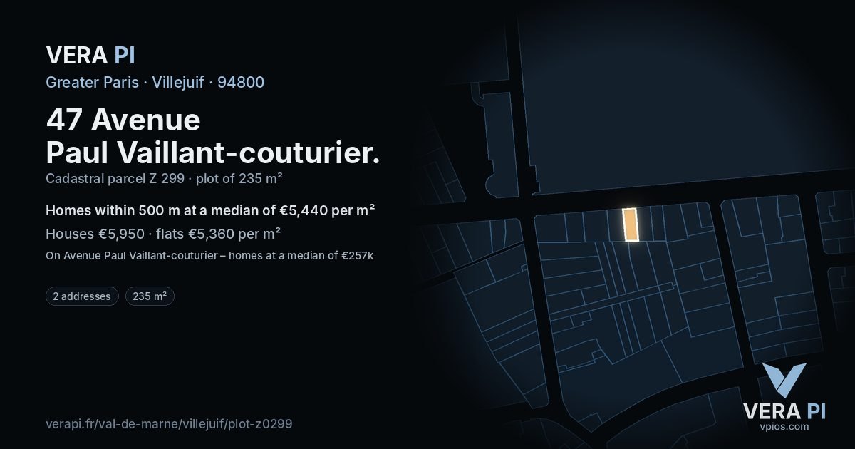 47 Avenue Paul Vaillant-couturier, Villejuif at night – the plot lit, the parcels around coloured by the prices near them