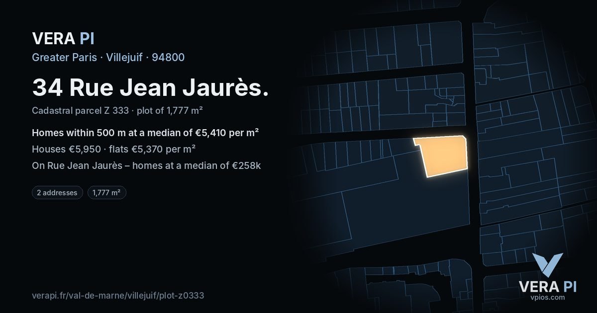 34 Rue Jean Jaurès, Villejuif at night – the plot lit, the parcels around coloured by the prices near them