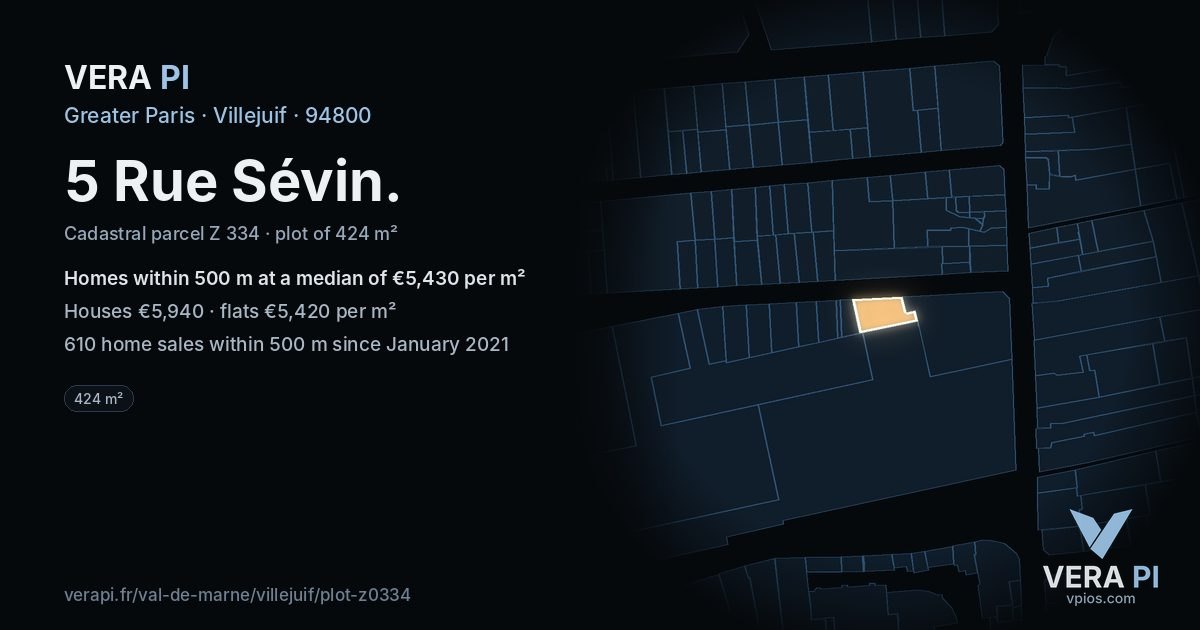 5 Rue Sévin, Villejuif at night – the plot lit, the parcels around coloured by the prices near them